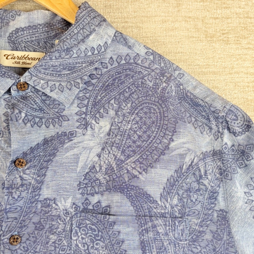 Caribbean Silk Blend Mens 3XT Blue Paisley Short Sleeve Hawaiian Camp Shirt Tall